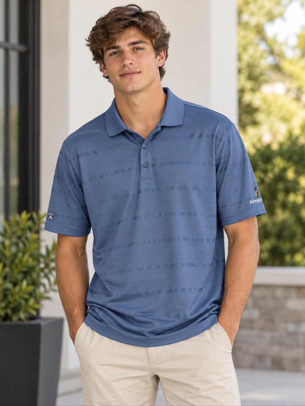 Antigua men’s blue short sleeve polo tonal horizontal stripes Large Golf Tennis